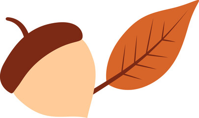 Obraz premium Stylized acorn with orange leaf is being shown in flat design on transparent background