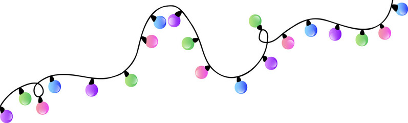 Decorative pastel light bulbs are glowing along black cable in flat design, transparent background