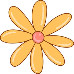 Flat cartoon flower is appearing on transparent background with glossy yellow petals, pink center