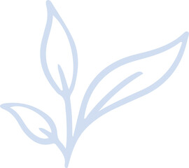 Flat line art showing pale blue sprout with three leaves on transparent background