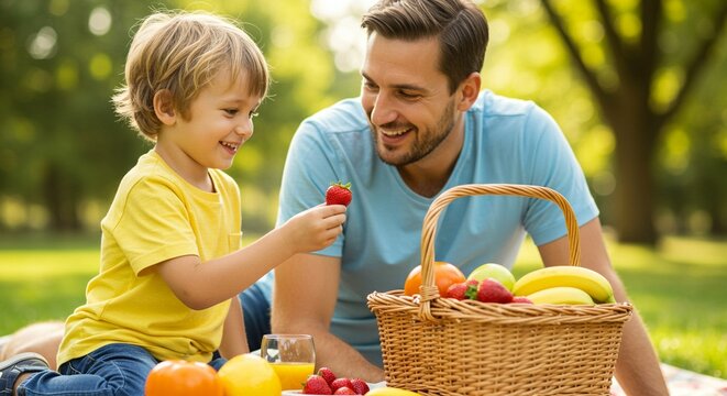 A father and his young son enjoy a sunny day with a picnic basket full of fruit, juice, and strawberries, shared in a lush green park. - Powered by Adobe