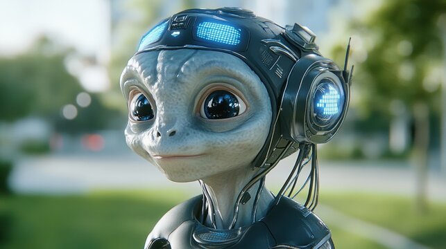 Futuristic cybernetic alien with high-tech headgear in a sunlit park setting