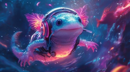 A vibrant, futuristic axolotl wearing headphones