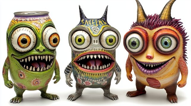 Colorful monster characters with big eyes and whimsical expressions