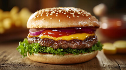 Perfect burger with melted cheese and ketchup in sesame bun