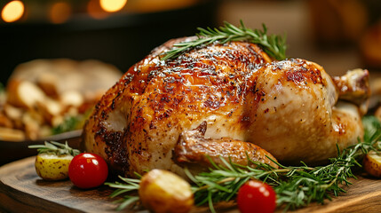 Whole roasted chicken with rosemary, served on a wooden board alongside golden roasted potatoes and cherry tomatoes - rustic and hearty meal.