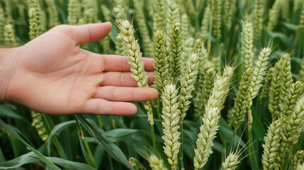 Close up of a farmer’s hand brushing tall green wheat ear in a field - harmony with nature and the growth process.