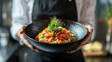 Close up on a waiter's hands holding black bowl with groats, vegetables and herbs.