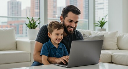 A smiling father sits with his young son, both looking at a laptop with expressions of joy, in a bright, modern living room setting.