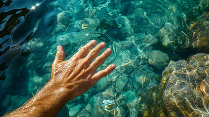 Hand touches clear turquoise water, reflecting sunlight in a water surface.