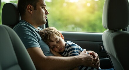 A father is holding his son, who is sleeping on his lap, during a car ride, creating a tender and peaceful scene of family love.