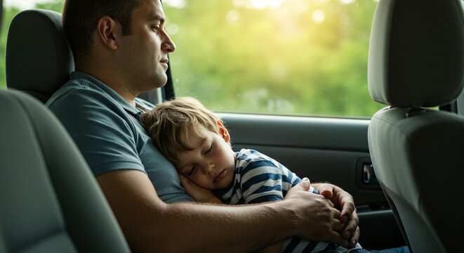 A father is holding his son, who is sleeping on his lap, during a car ride, creating a tender and peaceful scene of family love.