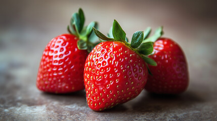 Three strawberries on a stone surface.