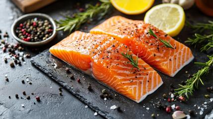 Two pieces of salmon with rosemary and pepper on black stone board with herbs and lemon slices.