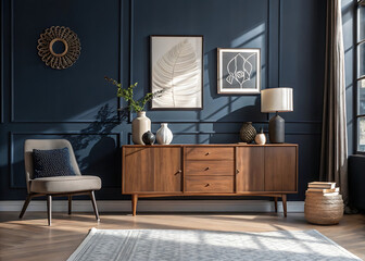 id-Century Modern Frame Mockup on Cabinet – Dark Navy Wall Interior with Abstract Decor & Natural Light Shadows – High-Resolution Styled Living Room Scene