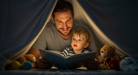 A dad and his young child are in a blanket fort reading a story. The child looks up, wide-eyed, as the father reads with a smile.