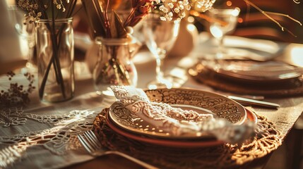 Bohemian Table Setting with Artisanal Ceramics and Vintage Silverware, Close-Up of Rustic Dining Decor with Dried Florals and Textured Linens, Ideal for Restaurant Menu or Wedding Invitation Design