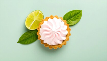 Delicious Pink Whipped Cream Tart with Lime and Leaves