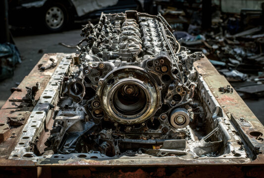 An engine is disassembled and discarded in an auto salvage yard, showcasing various parts and signs of wear from prior use
