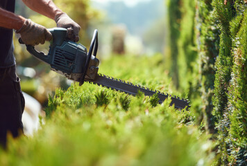A museum worker uses an electric hedge trimmer for precise maintenance of lush greenery in a botanical garden during springtime