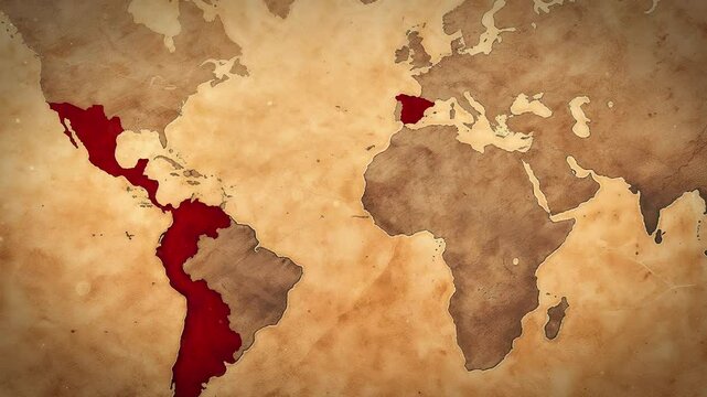 Vintage world map highlighting the Spanish speaking regions and countries of the globe in vibrant red tones against a weathered, parchment background. Hispanic background animation