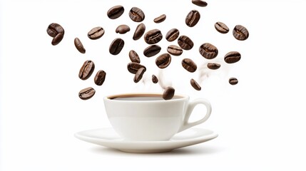 Obraz premium Steaming coffee cup with falling coffee beans on a white background creating a dynamic and inviting visual