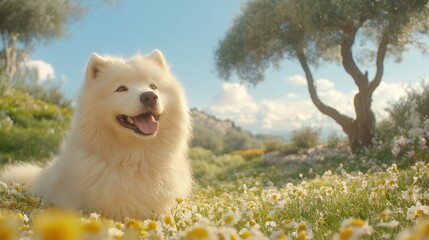 Fluffy dog in blooming meadow under sunny skies and olive trees