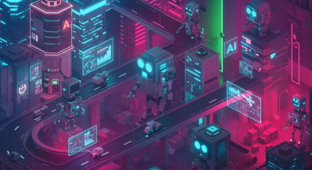 Cyberpunk Cityscape Isometric Illustration of a Futuristic Robot Metropolis