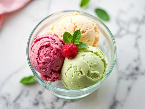 Trio of ice cream scoops in glass bowl