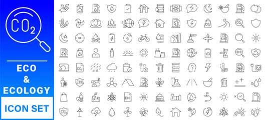 Ecology icon set. Environment, sustainability, nature, recycle, renewable energy; electric bike, eco-friendly, forest, wind power, green symbol. Solid icons vector collection