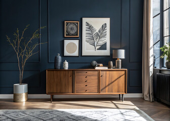 id-Century Modern Frame Mockup on Cabinet – Dark Navy Wall Interior with Abstract Decor & Natural Light Shadows – High-Resolution Styled Living Room Scene