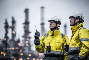Two engineers in yellow safety jackets engage in conversation while monitoring operations at an industrial facility under cloudy skies