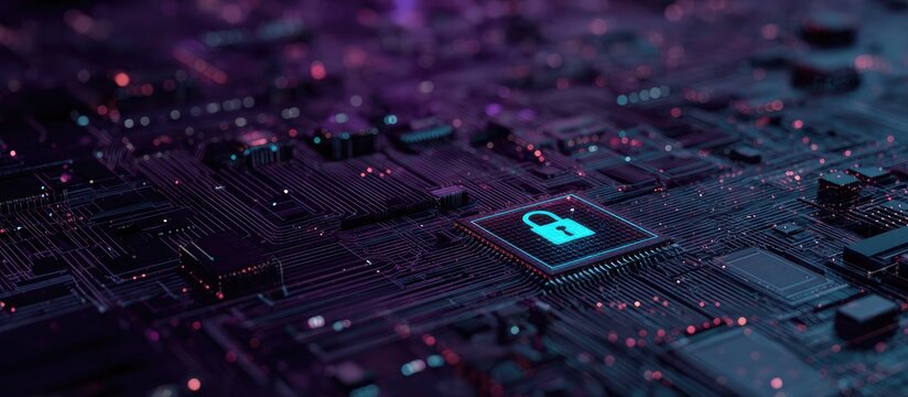 Glowing padlock icon on a complex circuit board, representing digital security and data protection