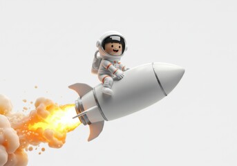 Happy astronaut child riding rocket ship in flight