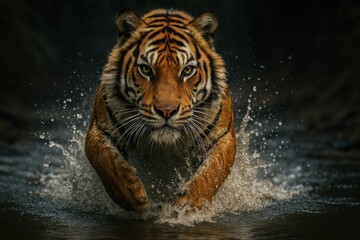 Tiger Running Through Water Jungle Powerful Wildlife