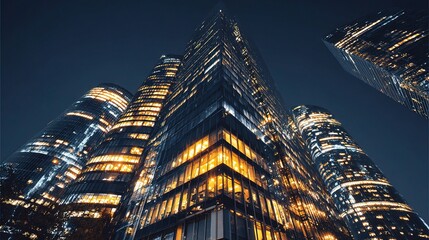 Obraz premium Illuminated High Rise Office Building at Dusk in Urban Cityscape