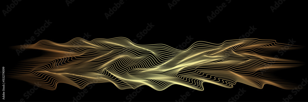 Poster Abstract art mountain landscape with glowing lines waves pattern isolated on black background with copy space. Vector illustration	
