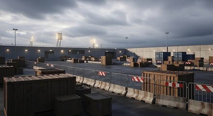 Gloomy Industrial Port Cargo Containers and Storage Area at Dusk