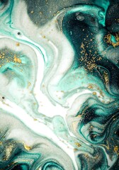 Abstract art with swirls of white teal and dark green with gold glitter accents