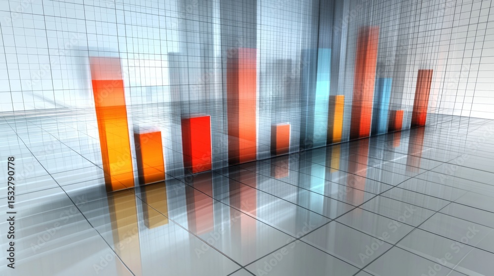 Poster D bar graph with gradient color bars emerging from a base grid, with subtle shadows and reflections for a polished, modern look