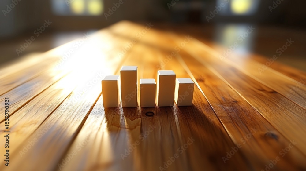 Poster D vertical bar graph with textured surfaces reflecting light, arranged on a wooden table, evoking a sense of depth and realism in data visualization.