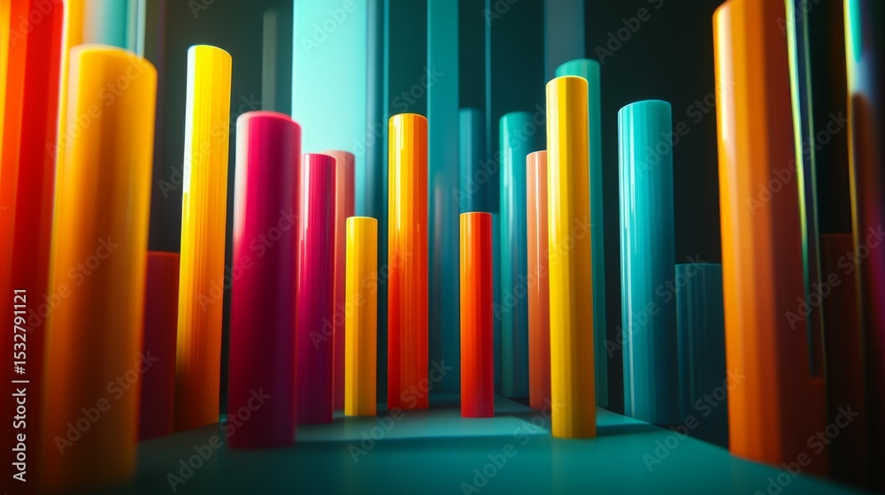 Aufkleber Abstract D bar graph with multi-colored, stacked segments on each bar, symbolizing layered data insights in a vibrant setting