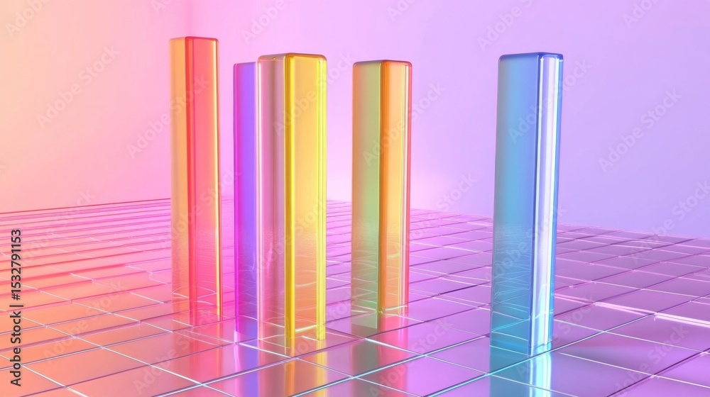 Poster Abstract D bar graph with transparent bars in vibrant hues, rising from a grid plane, representing data visualization in a futuristic style