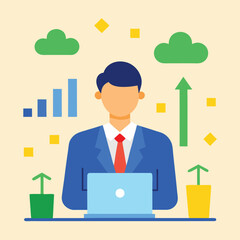 Businessman Working on Laptop, Growth Charts, Cloud Computing Concept