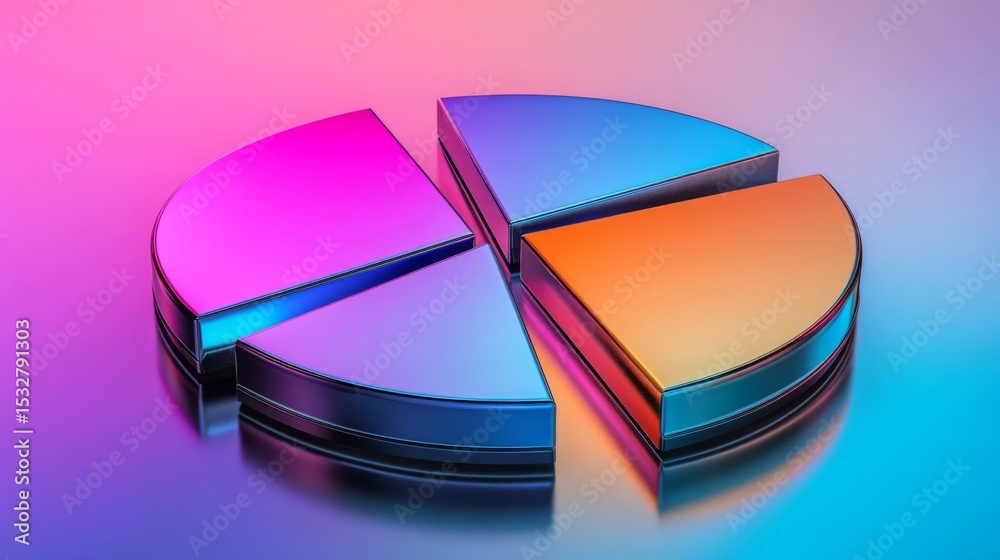 Aufkleber Abstract D pie chart with metallic finishes on each slice, arranged on a reflective surface, creating a high-tech look for data visualization