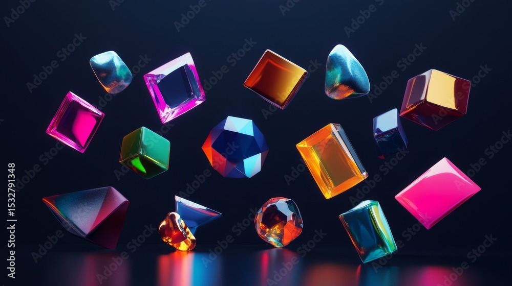 Poster Abstract D shapes in bright colors and metallic finishes, floating over a dark, glossy background, with reflections and shadows adding depth