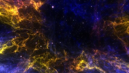A nebula with yellow and blue clouds and scattered stars in a dark background