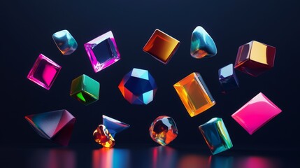 Abstract D shapes in bright colors and metallic finishes, floating over a dark, glossy background, with reflections and shadows adding depth