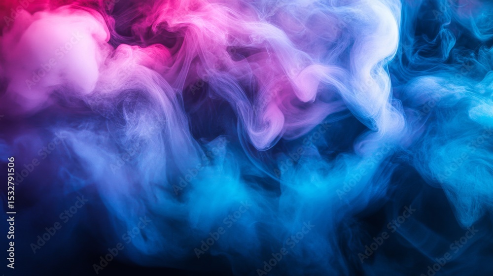 Poster Abstract image of colored smoke in vibrant hues of blue and purple, blending and flowing seamlessly in a dark setting, creating a dramatic visual effect