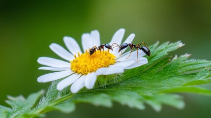 Ants interacting with a delicate flower on a leaf, highlighting the symbiotic relationship between insects and plants in a natural setting